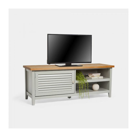 Grey tv Unit - tv Stand For Living Room with Storage Drawer Cupboard, Open Shelves & Natural Ash Wood Top, Soft, Light Grey Sturdy Media &