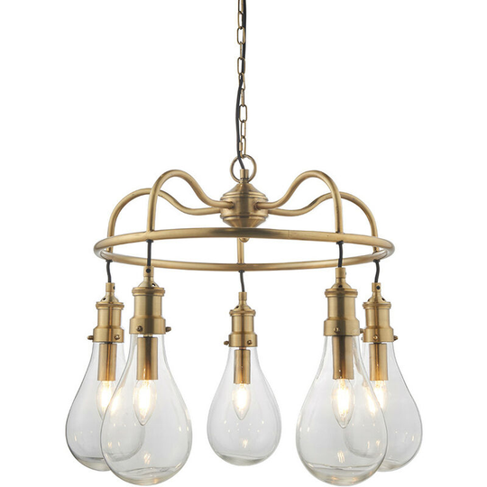 Endon Directory Lighting - Multi Arm Glass Pendant Light Antique Brass Plate, Clear Glass