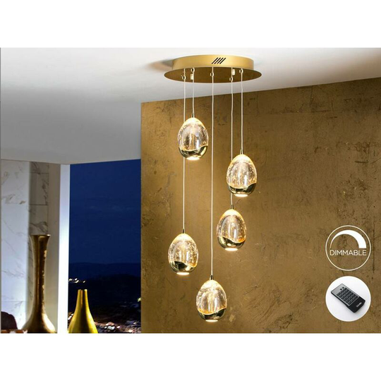 Schuller Lighting - Schuller Roc - Integrated led 5 Light Dimmable Crystal Cluster Drop Ceiling Pendant with Remote Control Gold