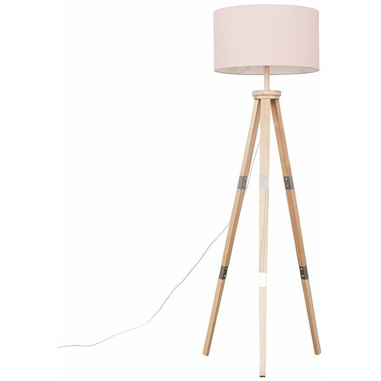 151cm Floor Lamp Wooden Tripod in Light Wood with Drum Shade - Pink