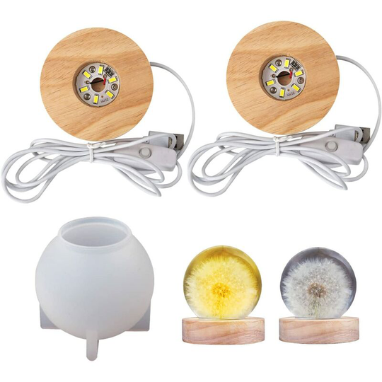 Aougo - Round Luminous Resin Mold, diy Silicone Ball with Lamp Holder, led Lighted Wooden Base Epoxy Resin Mold, Night Light Resin Art Decoration
