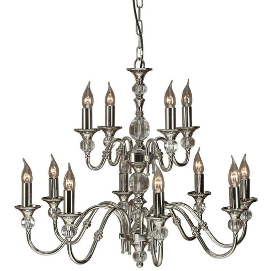 Interiors - 12 Light Chandelier Polished Nickel Plate & Crystal Finish, E14