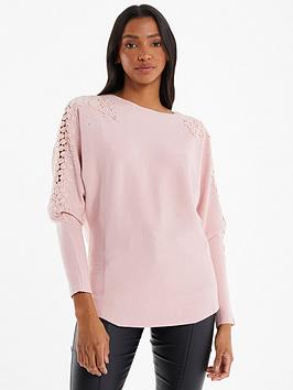 Quiz Light Knit Crochet Jumper - Light Pink, Light Pink, Size S, Women
