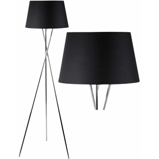 Chrome Tripod Floor Lamp with Black Fabric Shade - Polished chrome plate and black cotton