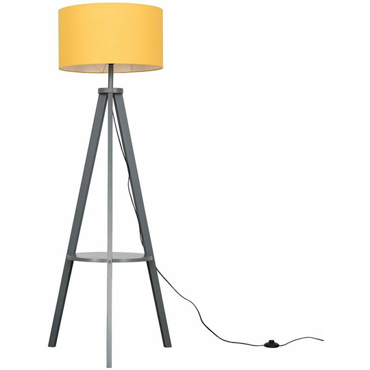 Tripod Shelf Floor Lamp in Grey with Large Drum Shade - Mustard - No Bulb