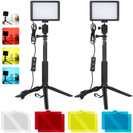 2-Pack Desktop USB LED Video Lights Kit with 2 * Dimmable Fill Light 5600K + 2 * Extendable Tripod + 2 * Flexible Ballhead + 8 * Color