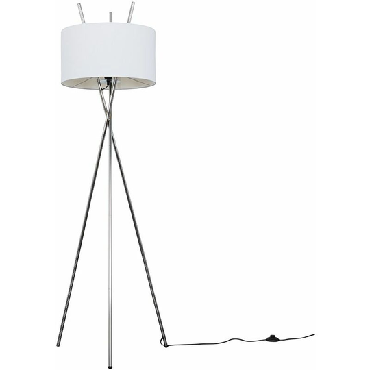 Tripod Floor Lamp Crawford Standard Light in Chrome with Cylinder Lampshade - White + led Bulb