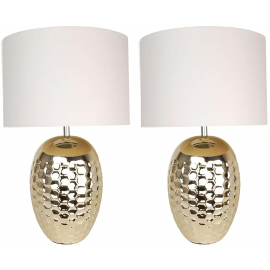 Set of 2 Textured Ceramic Bedside Table Light with Pale Gold Plated Finish and White Textured Cotton Fabric Shade - Pale gold glaze with polished