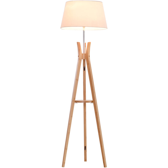 Tripod Floor Lamp Light E27 Base w/ Fabric Shade Storage Shelf, White - Natural - Homcom