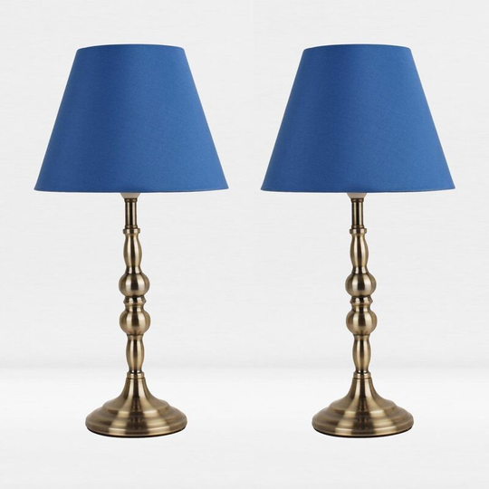 First Choice Lighting - Set of 2 Antique Brass Plated Bedside Table Light with Candle Column Blue Fabric Shade - Antique brass plate and textured