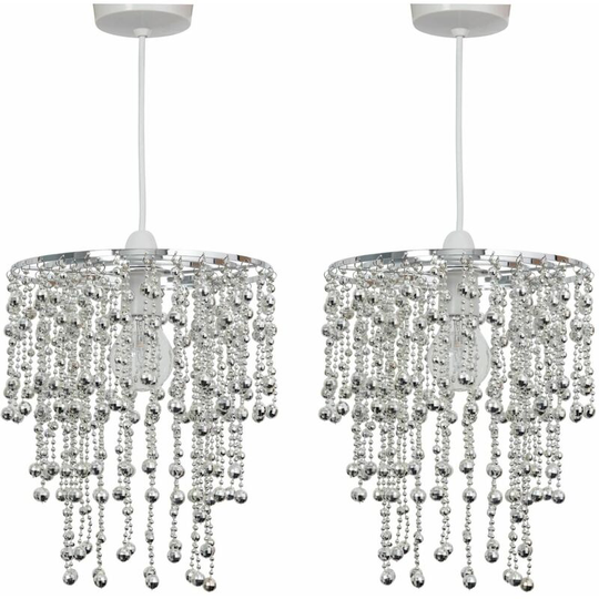 First Choice Lighting - Pair of Chrome Jewelled Waterfall Easy Fit Light Shades - Clear beaded acrylic with polished chrome plate detail