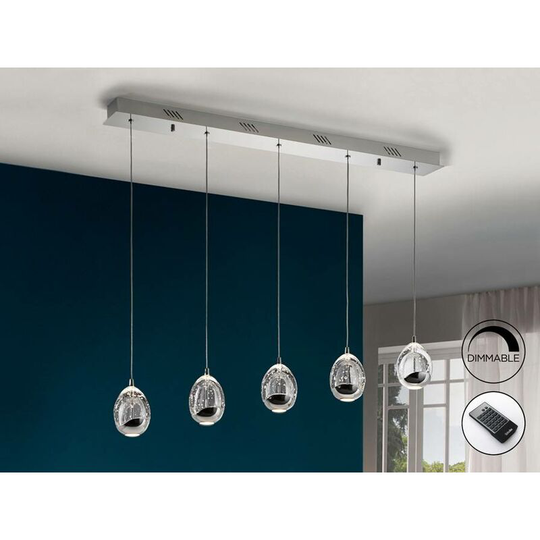 Schuller Roc - Integrated led 5 Light Dimmable Crystal Drop Bar Ceiling Pendant with Remote Control Chrome