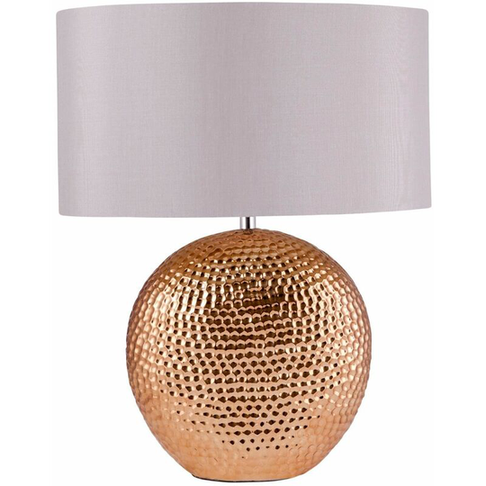 First Choice Lighting - Dimpled Textured Oval Copper Plated Ceramic Bedside Table Light Base with Grey Faux Silk Oval Fabric Shade - Copper glaze and