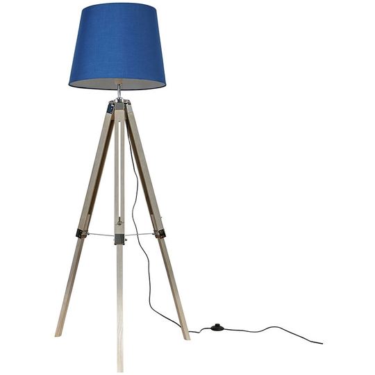 Clipper Tripod Floor Lamp in Light Wood with Large Aspen Shade - Navy Blue + led Bulb