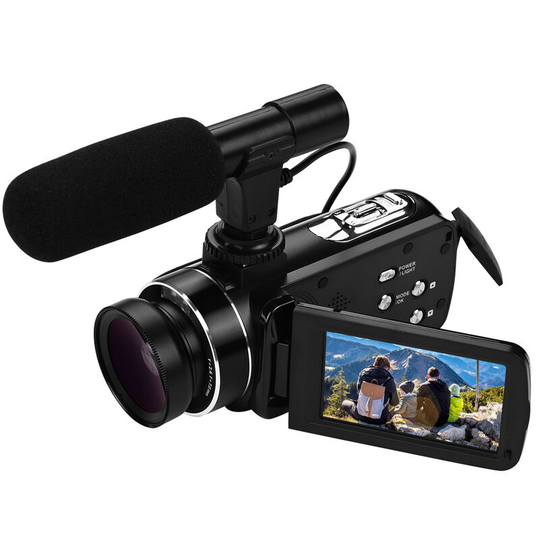 Andoer - 4K Handheld dv Professional Digital Video Camera cmos Sensor Camcorder with 0.45X Wide Angle Lens with Macro Stereo On-Camera Microphone Hot