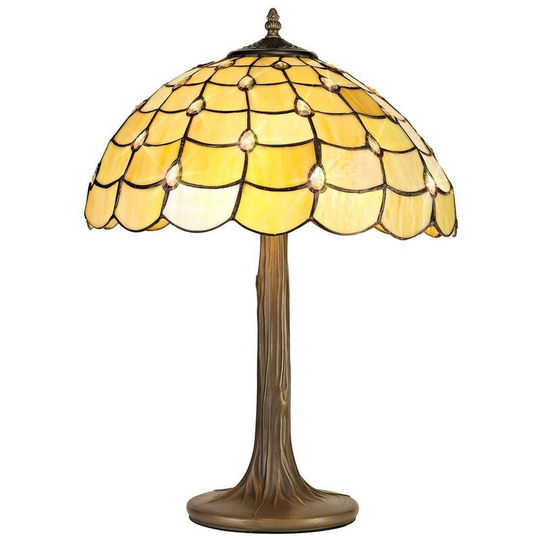 Luminosa Lighting - 2 Light Tree Like Table Lamp E27 With 40cm Tiffany Shade, Beige, Clear Crystal, Aged Antique Brass