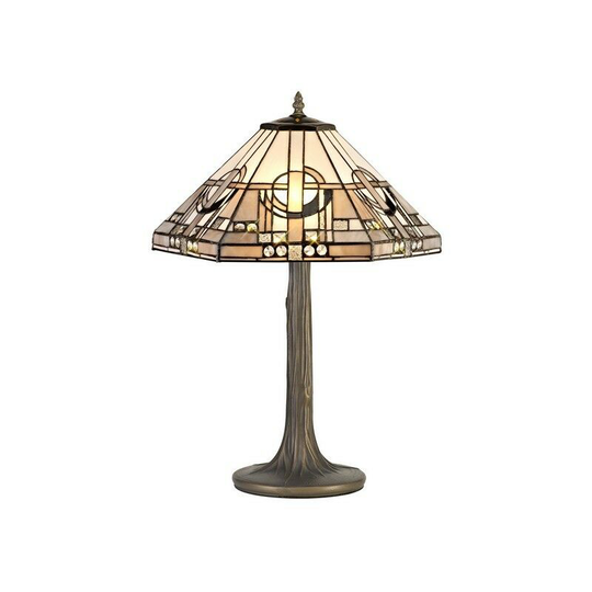 Luminosa Lighting - 2 Light Tree Like Table Lamp E27 With 40cm Tiffany Shade, White, Grey, Black, Clear Crystal, Aged Antique Brass