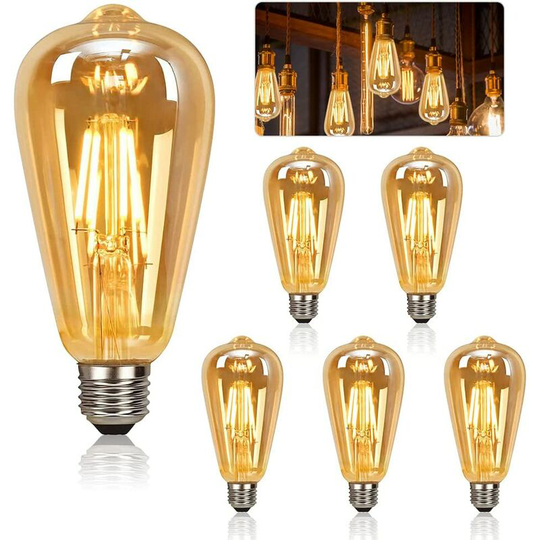 Aougo - Vintage E27 Light Bulb, 6 Pieces led Light Bulb E27 ST64 Decorative Lamp Retro Edison Light Bulb Vintage Antique Lamp 4W Warm White Filament