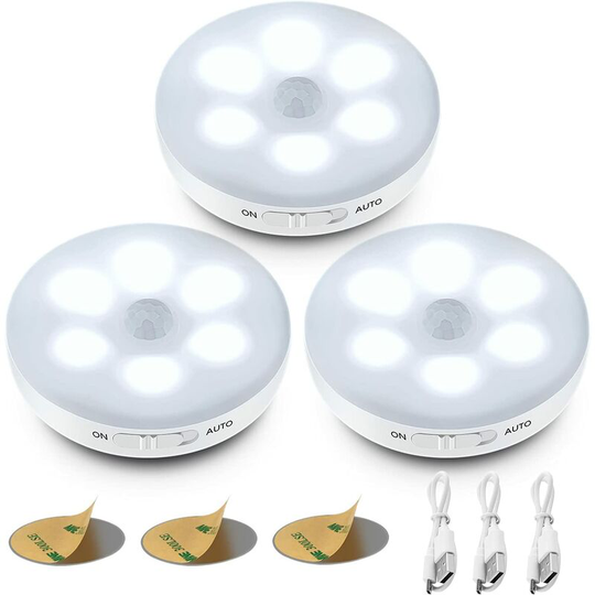 Aougo - Automatic led night light,Indoor motion sensor,3 modes (auto/on/off),LED cabinet light, usb rechargeable lamp for showcases, kitchen(3 pieces
