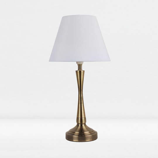 First Choice Lighting - Antique Brass Plated Bedside Table Light with Curved Column White Fabric Shade - Antique brass plate and textured white cotton