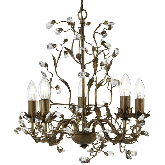 Searchlight Lighting - Searchlight Almandite - 5 Light Multi Arm Ceiling Pendant Floral Leaves Brown gold with Crystals, E14