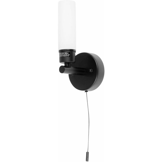 Beta - Black IP44 Bathroom Wall Light With Pull Cord Switch - Matt black and white glass