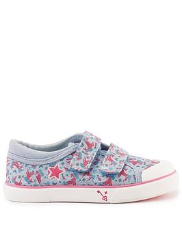 Start-rite Majestic Girls Light Blue Glitter Unicorn Print Lightweight Double Riptape Canvas Trainers - Blue, Light Blue, Size 4 Younger