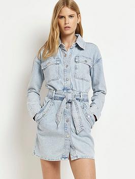 River Island Denim Shirt Mini Dress-light Denim, Light Denim, Size 8, Women