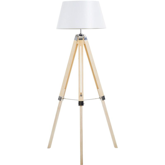 Modern Tripod Floor Lamp White Tapered Drum Shade Fabric Light Wood Base Madeira - White