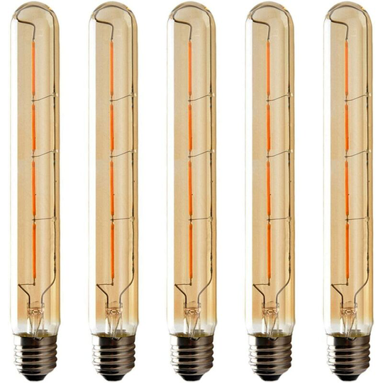 Aougo - Pack of 5 Long Tube Bulbs, Edison led Filament, 4W, 40W Incandescent Equivalent, E27 Base, Warm White 2200K, 400LM, Amber Glass for