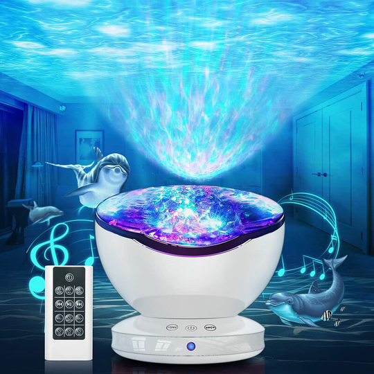 Briday - led Projector Lamp Simulation of Ocean Waves, Kids Night Light with 8 Color Modes 6 Music Sounds Remote Control Timer Bedside Lamp for Baby,