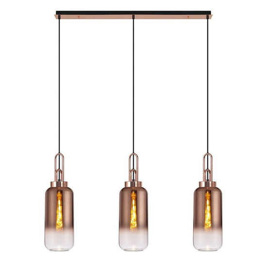 Luminosa Lighting - Luminosa Linear 3 Light Pendant E27 With 16cm Cylinder Glass, Copper, Clear Copper, Matt Black