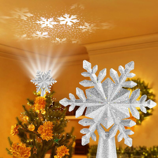 Star Christmas Tree, Tree Topper Decoration 2 in 1 3D LED Projector Dynamic Snowflake Tree Topper Xmas Light Up Star Rotating Projection Tree-Silver