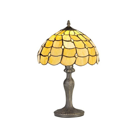 Luminosa Lighting - 1 Light Curved Table Lamp E27 With 30cm Tiffany Shade, Beige, Clear Crystal, Aged Antique Brass