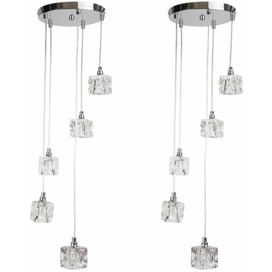 First Choice Lighting - Pair of Chrome 5 Light Cluster Fitting with Ice Cube Glass Shades - Polished chrome plate and ice cube clear glass
