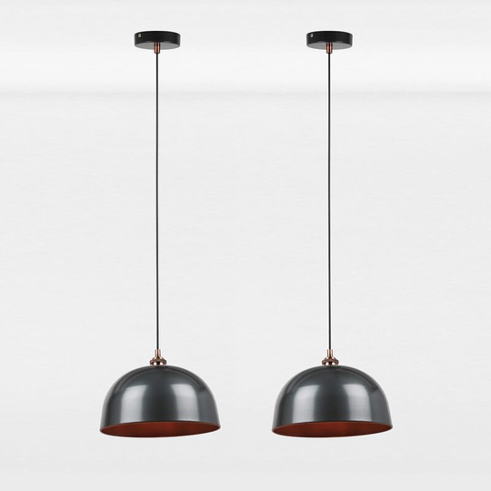 First Choice Lighting - Pair of Industrial Nickel with Copper Detail Dome Pendants - Industrial nickel plate with antique copper plate detail