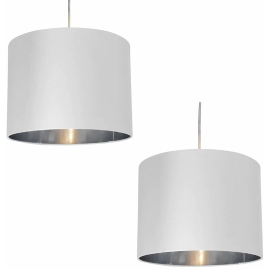 First Choice Lighting - Pair of White Faux Silk 30cm Drum Light Shade with Chrome Inners - White faux silk with chrome inner detail
