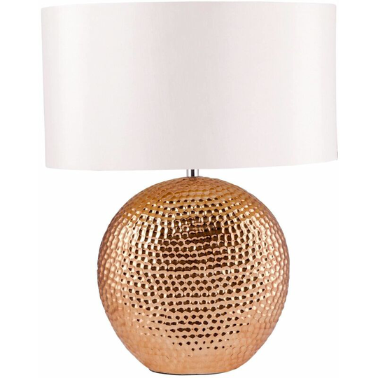 First Choice Lighting - Dimpled Textured Oval Copper Plated Ceramic Bedside Table Light Base with White Faux Silk Oval Fabric Shade - Copper glaze