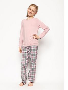 Minijammies Girls Jessica Slouch Jersey Top With Woven Checked Bottoms Pyjama Set - Light Pink, Light Pink, Size 2-3 Years, Women