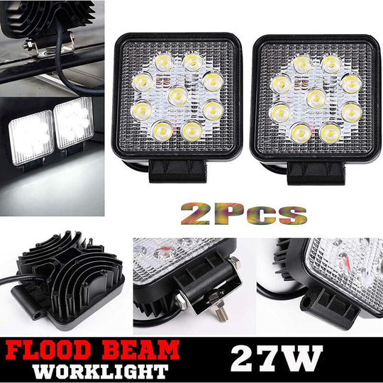 Day Plus - Pair led Square Work Light 27W Off-road Flood Lamp Floodlight IP68 Waterproof for suv atv 4WD Truck Boat Car 12V 24V, uk Stock, 2 Years