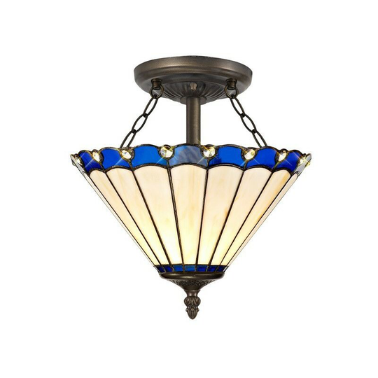 2 Light Semi Flush Ceiling E27 With 30cm Tiffany Shade, Blue, Crystal, Aged Antique Brass - Luminosa Lighting