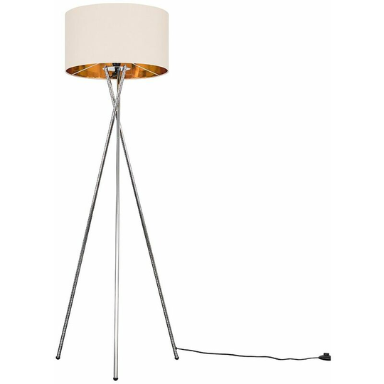 Floor Lamp Tripod Camden Light in Chrome with Cylinder Lampshade - Fawn & Gold + LED Bulb