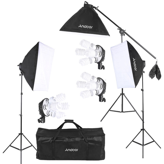 Andoer Studio Photo Video Lighting Kit with 12 * 45W Bulb / 3 * 4in1 Bulb Socket / 3 * Softbox / 3 * Light Stand / 1 * Cantilever Stick / 1 *