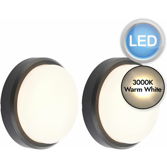 Set of 2 Black Round LED Outdoor Lights - Black PC and frosted PC