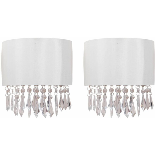 Set of 2 Jewelled Ivory Fabric Wall Lights With Clear Beaded Crystal Style Strings - Ivory faux silk with clear acrylic detail
