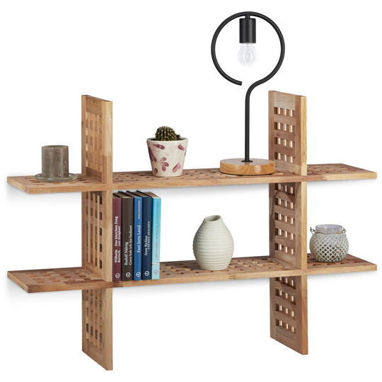 Hanging Shelf, Floating Shelf, Wall-Mount Shelf for Books, CDs, DVDs, Rack h x w x d: 66 x 93 x 22 cm, Natural - Relaxdays