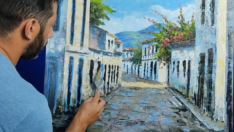Aprenda A Pintar casario espatulado acrlico sobre tela