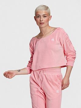 adidas Originals Relaxed Risque Velour Off Shoulder Sweater - Light Pink, Light Pink, Size 20, Women