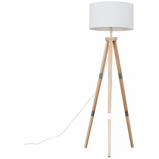 151cm Floor Lamp Wooden Tripod in Light Wood with Drum Shade - White + led Bulb
