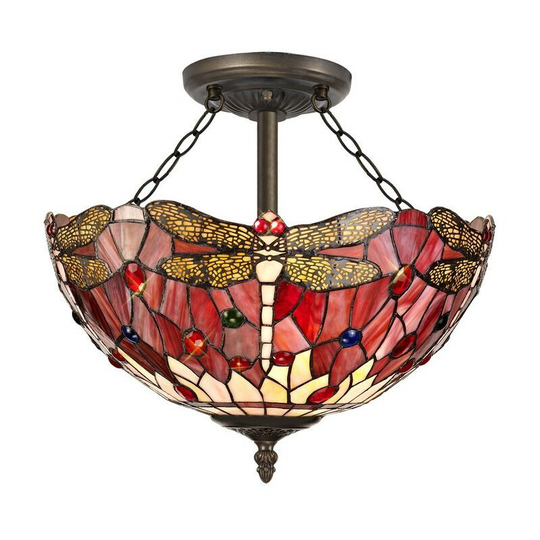 Luminosa Lighting - 3 Light Semi Flush Ceiling E27 With 40cm Tiffany Shade, Purple, Pink, Crystal, Aged Antique Brass